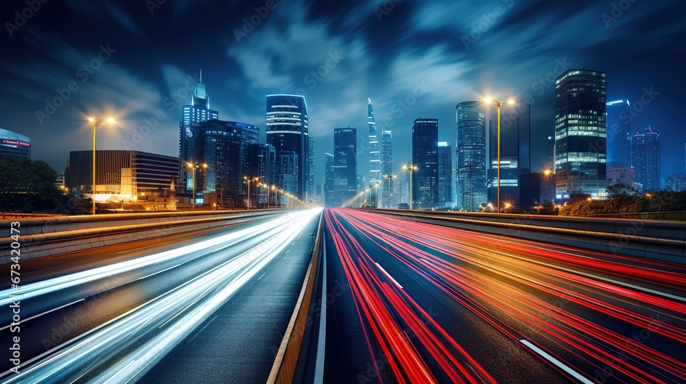 Fototapeta premium big city skyline and traffic lights blurred motion, skyscrapers and highway light trails at rush hour
