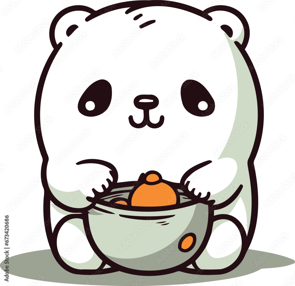Polar bear holding a bowl of food. Vector cartoon character illustration. Polar bear holding a bowl of food. Vector cartoon character illustration.