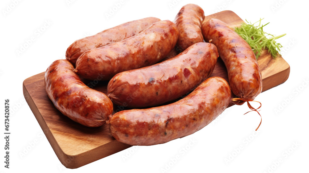 German sausages on a wooden plate, isolated, white background German sausages on a wooden plate, isolated, white background