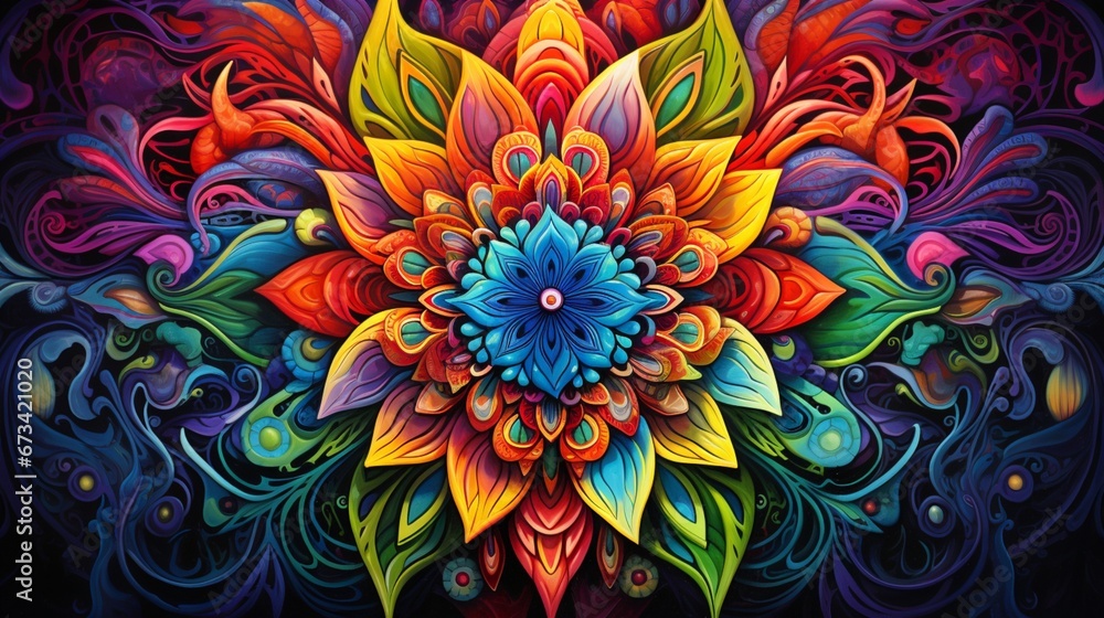 A symphony of vivid colors intertwining in an intricate and captivating mandala. A symphony of vivid colors intertwining in an intricate and captivating mandala.