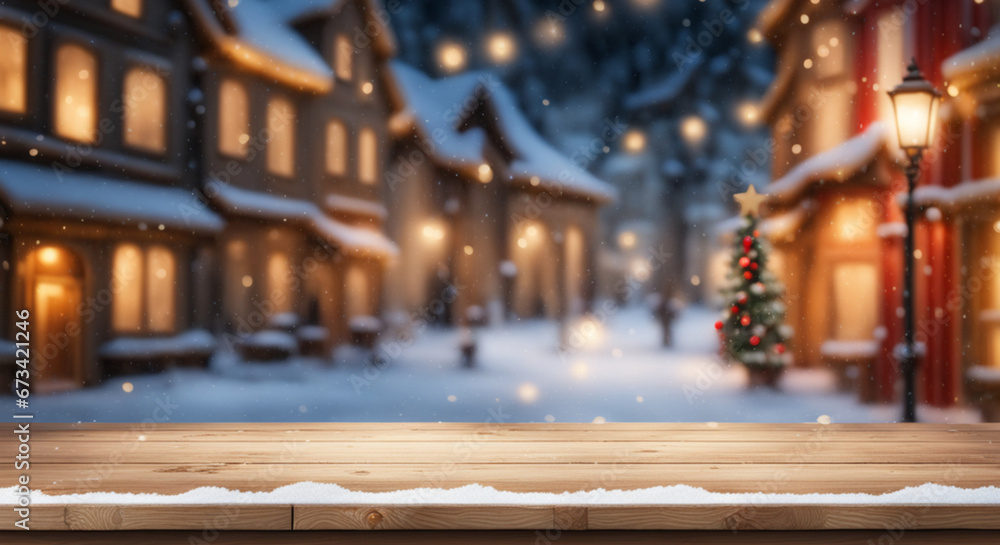 christmas table in the city. Empty wooden table top with blurry Christmas town and snowfall background. Christmas holiday background.