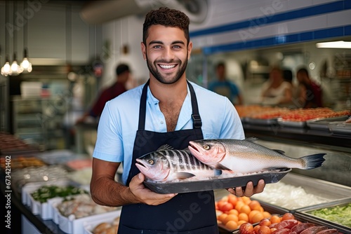 A positive, smiling man in a fresh seafood market, working as a vendor, ensuring the freshness of the products.