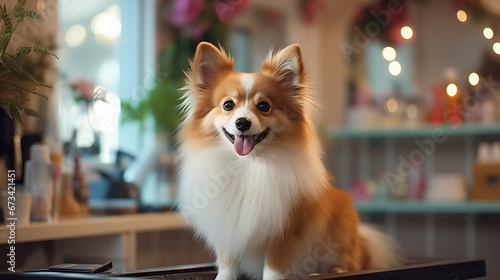 beautiful puppy in the stylish beauty salon . creative concept for pet grooming salon. copy space