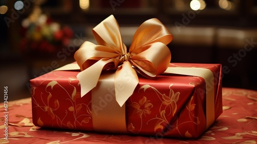 A beautifully wrapped Christmas gift with a shiny bow and ribbons