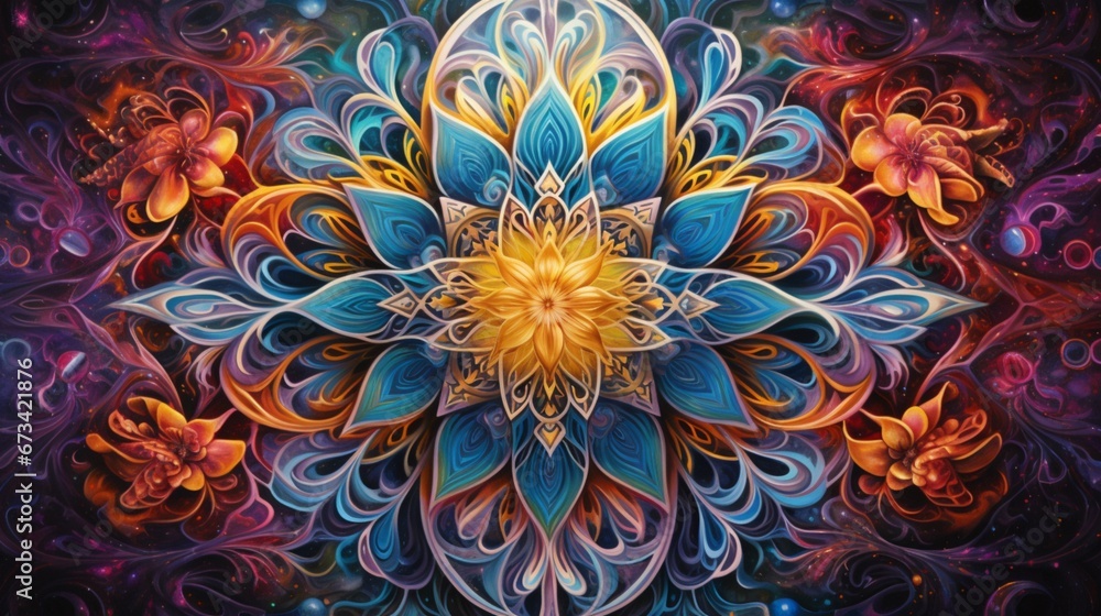 A symphony of vivid colors intertwining in an intricate and captivating mandala. A symphony of vivid colors intertwining in an intricate and captivating mandala.