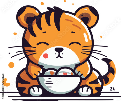 Cute tiger with a bowl of ice cream. Vector illustration.