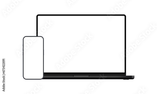 Dark Laptop And Mobile Phone, Blank Screens, Isolated On White Background. Vector Illustration