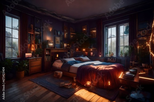 Typical interior design of a very cozy bedroom of a teenage game © Esha