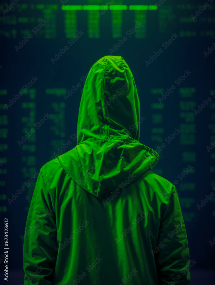 Hacker with green hoodie is looking at the monitors in the server room to steal the hidden datas. Hacker with green hoodie is looking at the monitors in the server room to steal the hidden datas.