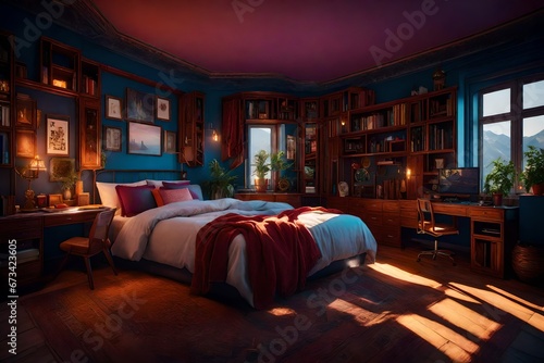 Typical interior design of a very cozy bedroom of a teenage game