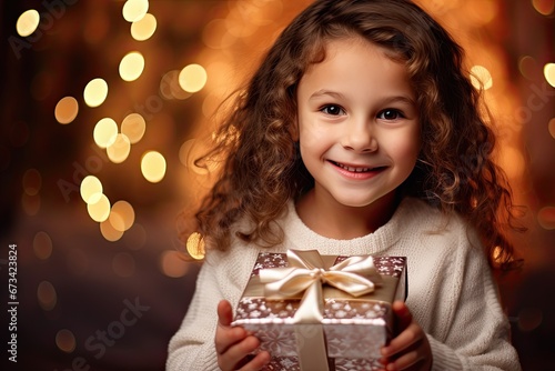 A beautiful, happy little girl opening Christmas gifts in a festive, decorated home, full of holiday magic. © Andrii Zastrozhnov