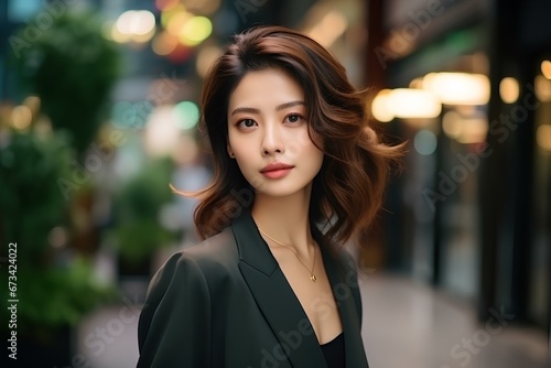 An elegant asian businesswoman with modern fashion. her serenity and sophistication on full display amidst the urban environment. generative AI © yj