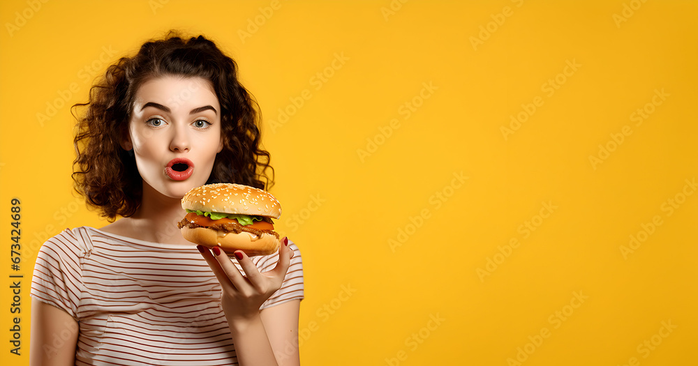 Woman holding burger looking camera isolated yellow background with copy space for text Woman holding burger looking camera isolated yellow background with copy space for text