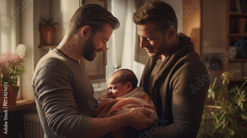 Men Gay Couple Cuddling Baby Newborn At Home Together