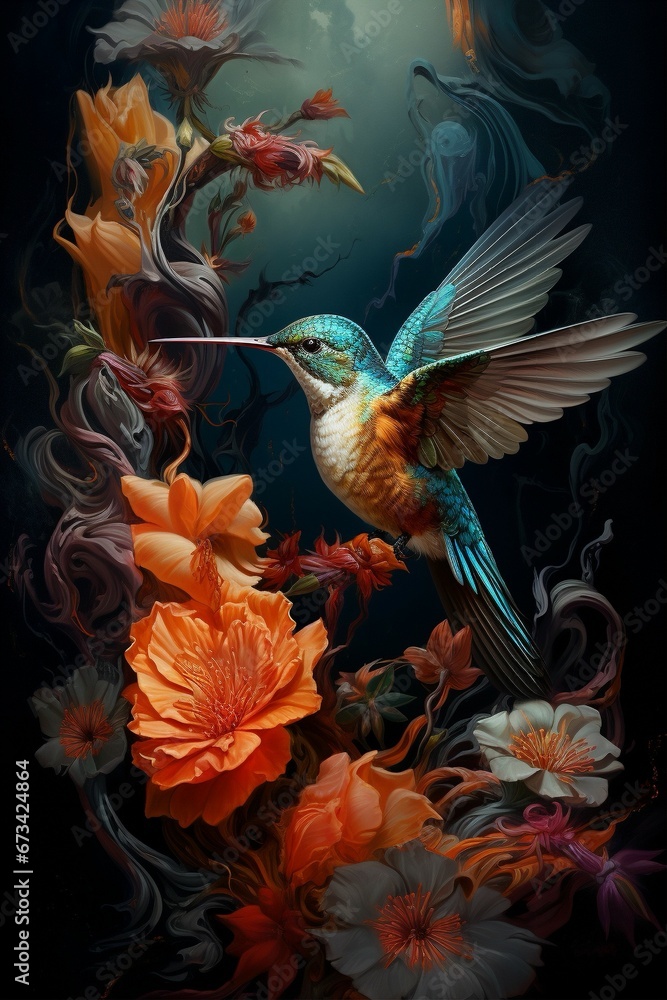 Hummingbird hovering in painting with flowers