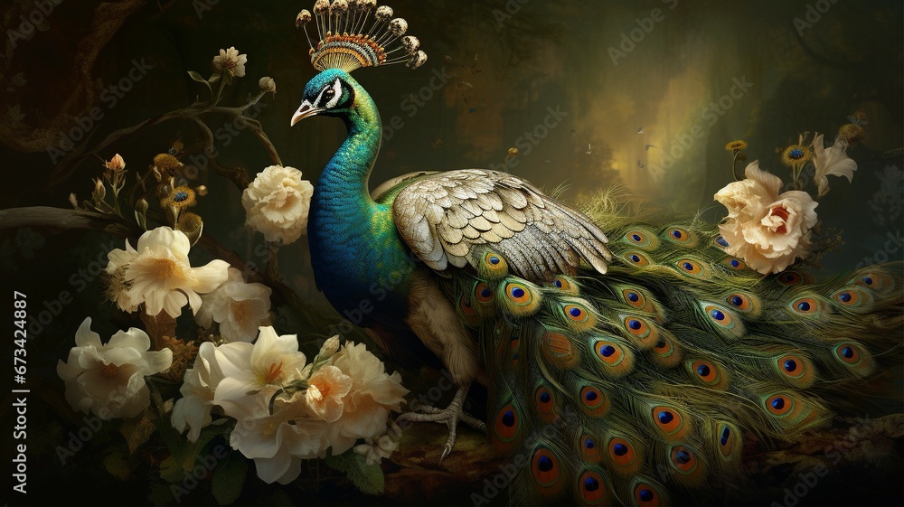 Obraz premium Peacock in a wistful floral background