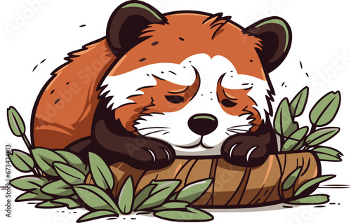 Cute red panda sleeping on a log. Vector illustration.