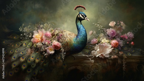 Peacock in a wistful painting with flowers