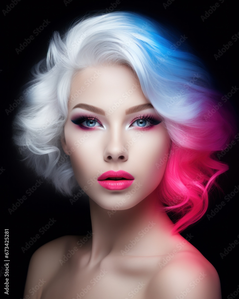 Portrait of beautiful young woman with bright pink makeup. Beautiful blonde with bright pink lipstick on her lips. Pretty girl with vivid hair. Blonde with brightly colored hair. Bright eye makeup. Portrait of beautiful young woman with bright pink makeup. Beautiful blonde with bright pink lipstick on her lips. Pretty girl with vivid hair. Blonde with brightly colored hair. Bright eye makeup.