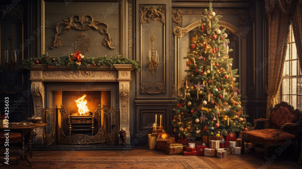Fototapeta premium Festive Room View with Fireplace and Christmas Tree Decorations