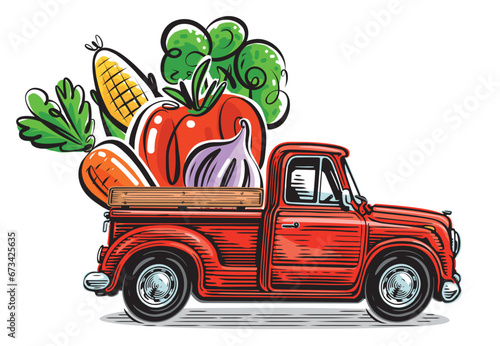 Retro red truck with fresh organic vegetables. Delivery of natural healthy food from the farm. Vector illustration