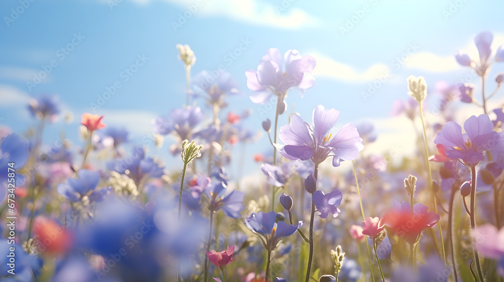 Landscape of beautiful wildflowers in cool blue colors. AI generative.