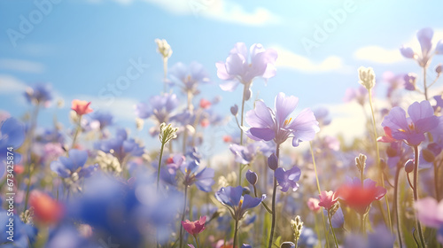 Landscape of beautiful wildflowers in cool blue colors. AI generative. © Mr