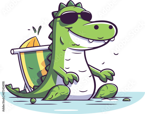 Cute crocodile in sunglasses holding a beach umbrella. Vector illustration.