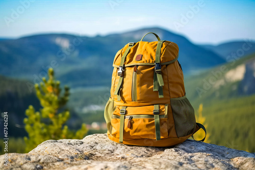 Backpack sitting on top of rock in the mountains.