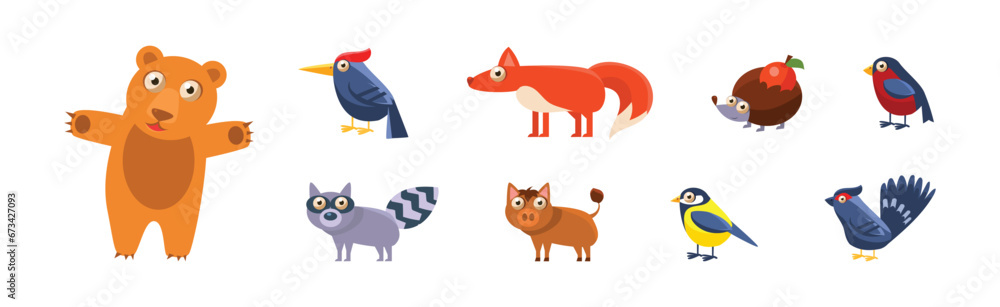 Forest Animals with Bear, Woodpecker, Fox, Hedgehog, Boar and Bird Vector Set