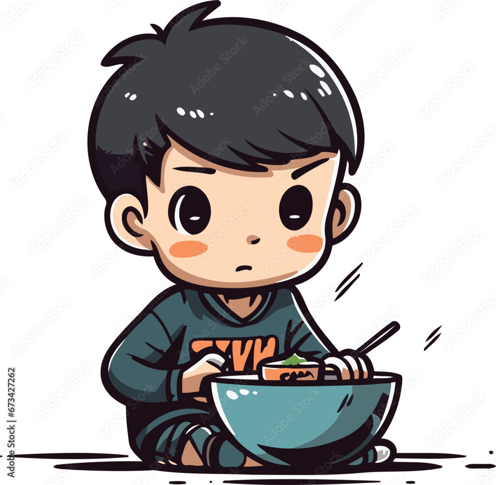 Illustration of a Kid Boy Eating Noodles While Sitting on the Floor Illustration of a Kid Boy Eating Noodles While Sitting on the Floor
