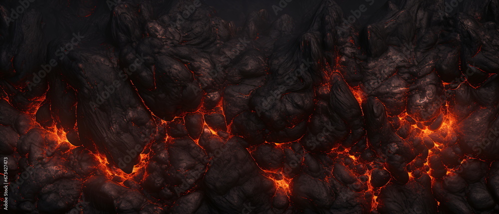 molten lava texture for the background. Burning Floors concept of Armageddon or Hell. Fiery Lava and rock backdrop with atmospheric light grunge texture Wide banner. Generative ai - obrazy, fototapety, plakaty 