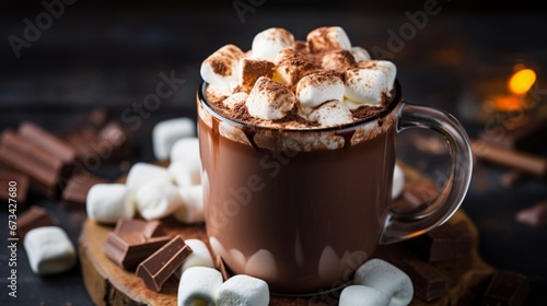 A steaming mug of hot cocoa topped with marshmallows and chocolate