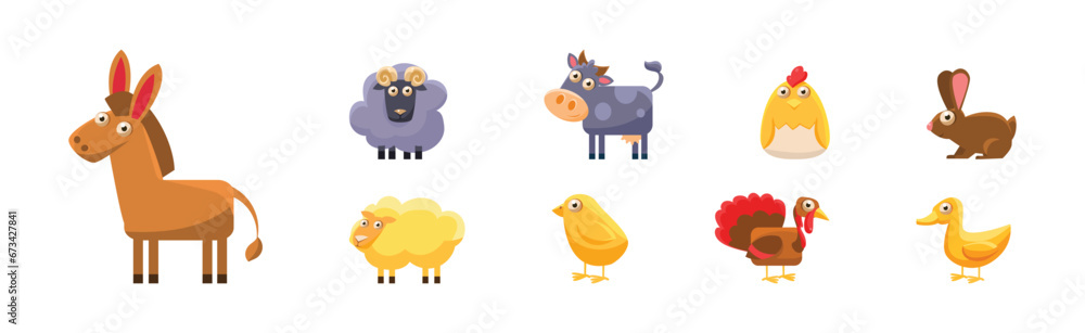 Farm Animals with Donkey, Ram, Cow, Chick, Bunny and Turkey Vector Set Farm Animals with Donkey, Ram, Cow, Chick, Bunny and Turkey Vector Set