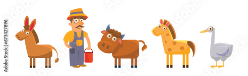 Farm Animals with Donkey, Bull, Horse, Goose and Man Farmer Vector Set