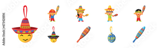 Mexican Holiday with Kids Hitting Pinata Toy Vector Set