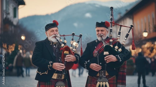 Photographie musicians in Scottish clothing perform Christmas carols on bagpipes in the squar