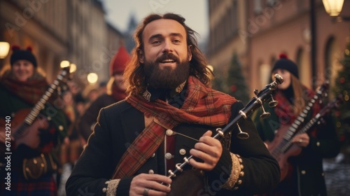 musicians in Scottish clothing perform Christmas carols on bagpipes in the square photo
