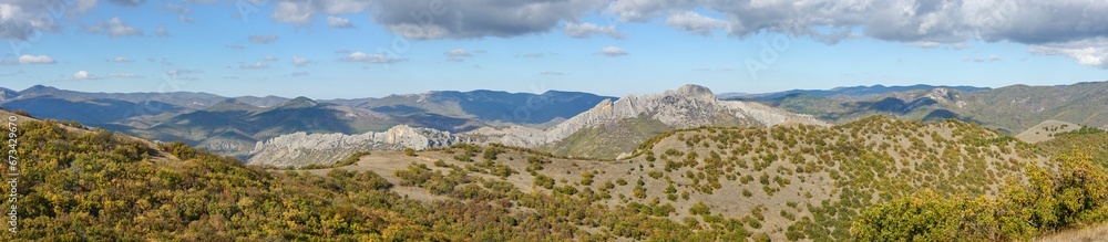 View towards Taraktash ridge from Ai-Georg mountain, Crimea, Russia.