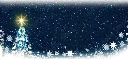 Christmas tree with golden star isolated on blue background.