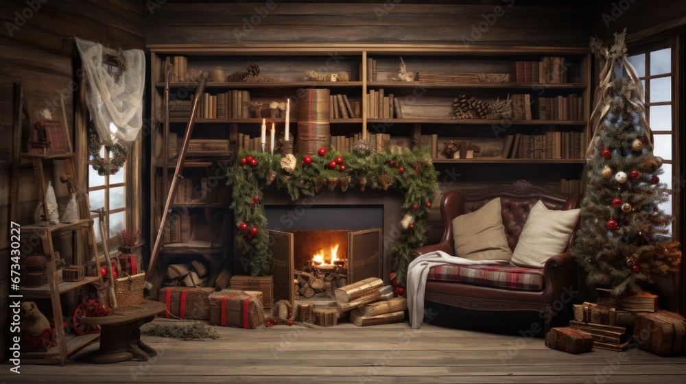 room decorated for christmas in rustic style