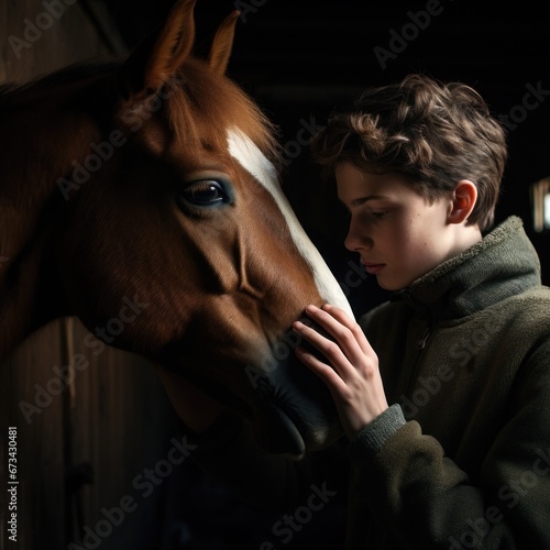 teenager making friends with a horse