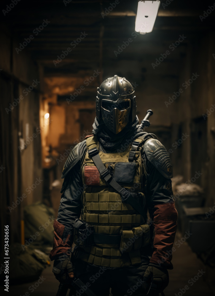 Soldier is wearing a metal mask and armor in the bunker.