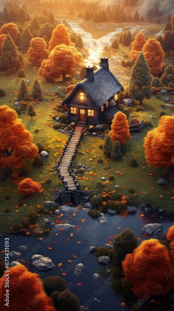 House in the forest. AI generated art illustration.