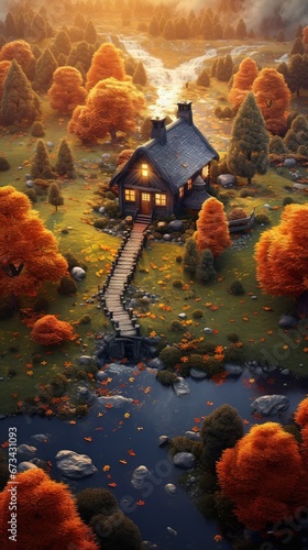 House in the forest. AI generated art illustration.