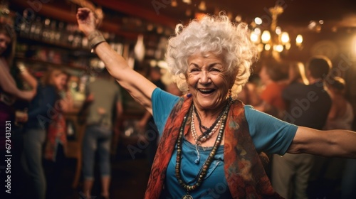 cheerful old lady dancing in a bar
