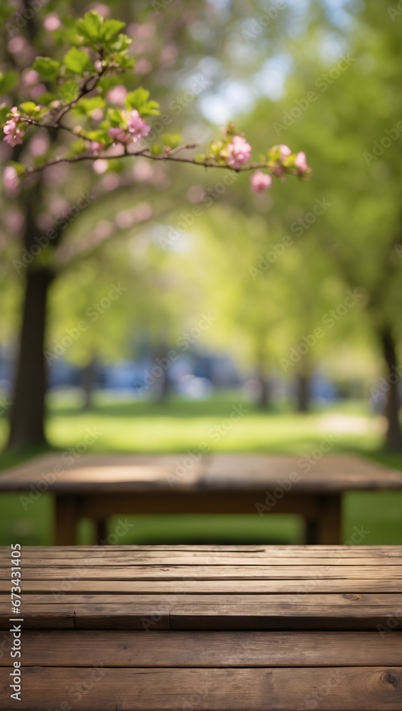 photo of an empty wooden table with a blurred spring background photo of an empty wooden table with a blurred spring background