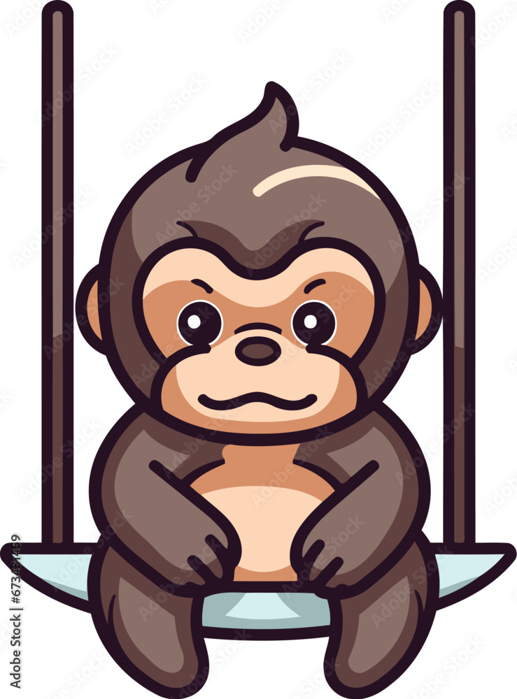 Fototapeta premium Monkey sitting on a swing cartoon vector illustration. Monkey sitting on a swing.