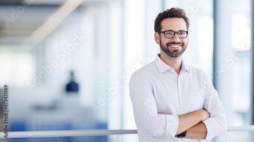Businessman with glasses and white shirt in office setting. photo
