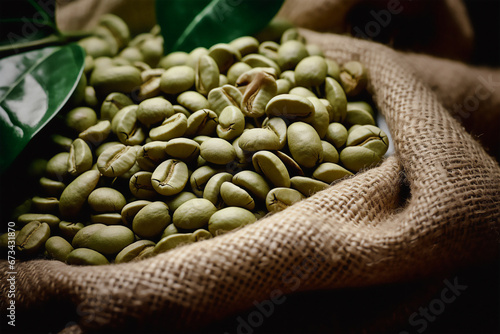 Raw coffee beans in a sack, green coffee beans